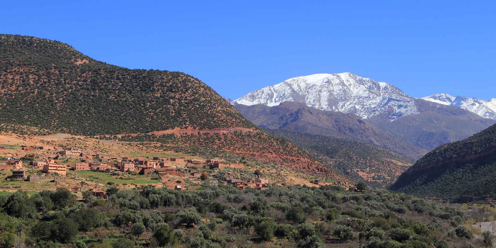 Snow-covered peaks of Toubkal National Park in High Atlas Mountains