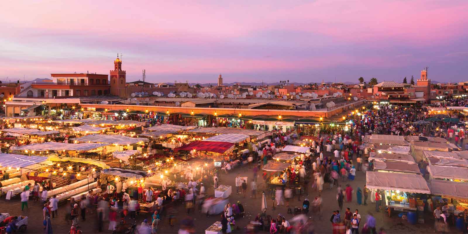 Aerial view of busy Djemma el Fna square at night
