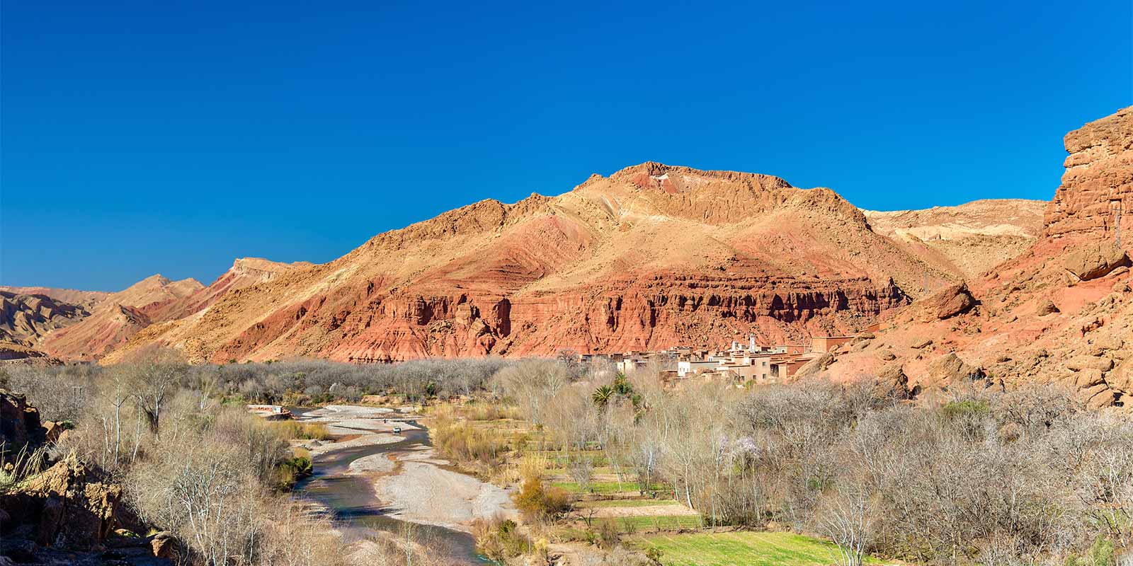 Arid landscape of Assif Mgoun Valley surrounded by rocky mountains