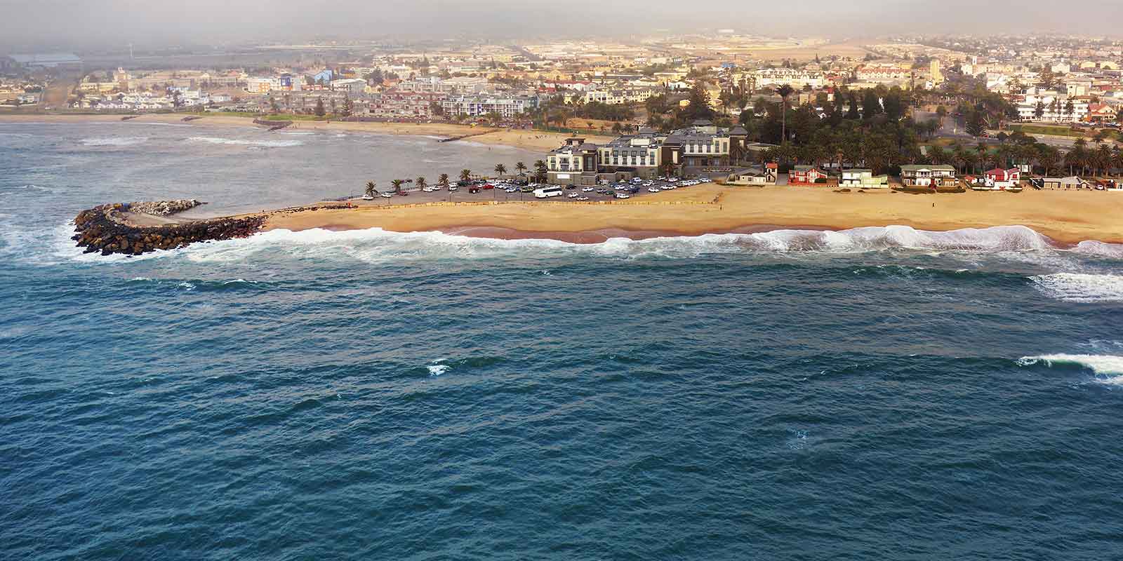 Aerial view of Swakopmund's Atlantic coastline and sandy beaches