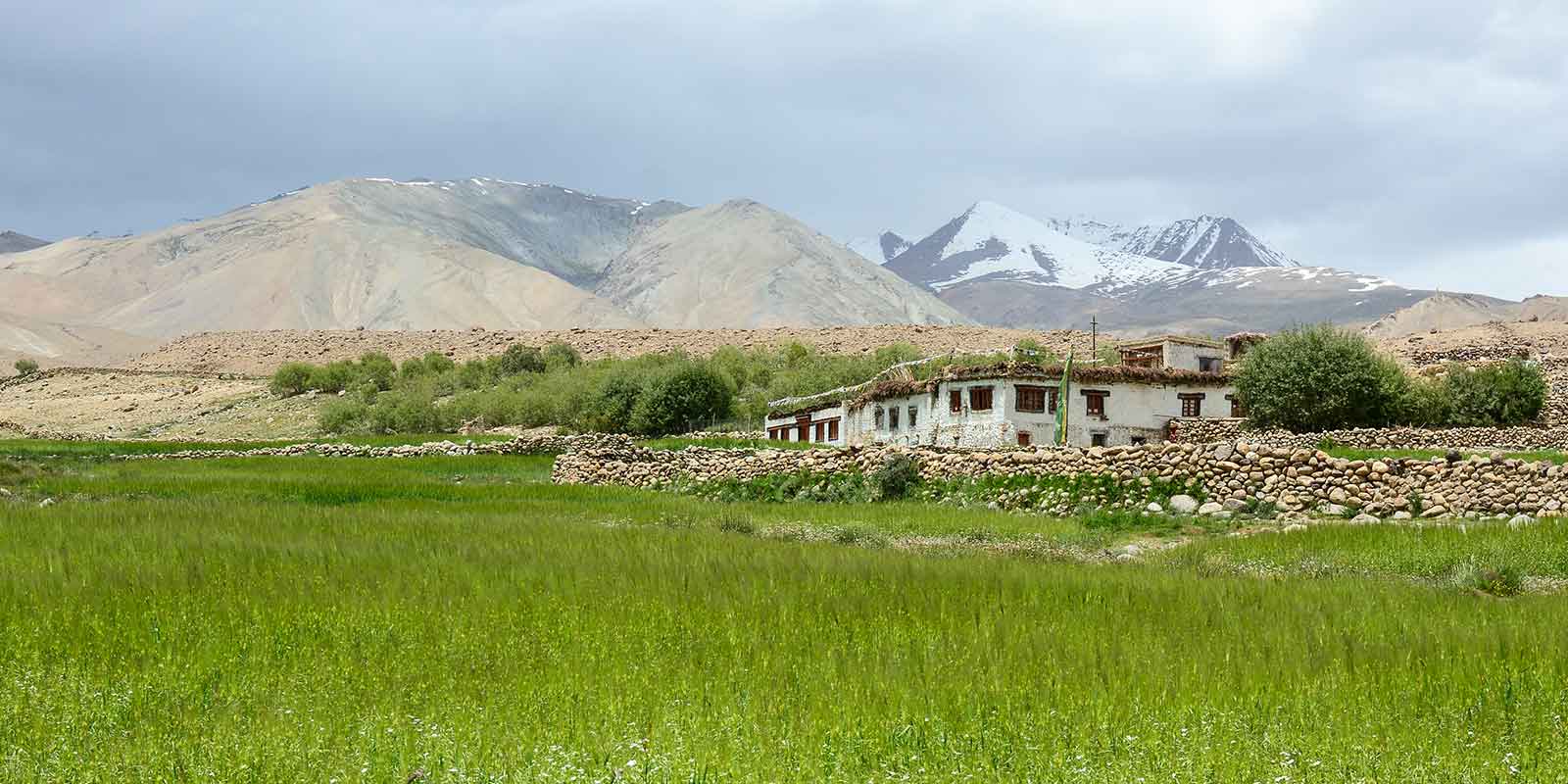 Picturesque Tibetan village in mountainous valley in Ladakh