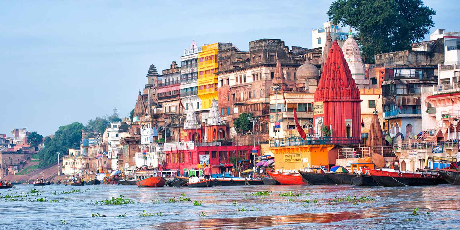 View of Varanasi and ghats from the River Ganges