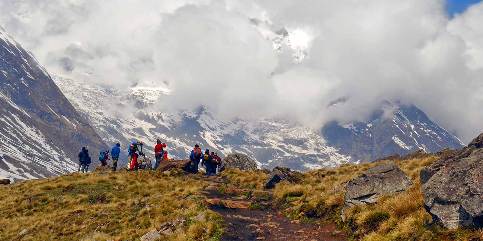 Group at Poon Hill with Annapurna mountain peaks in the background