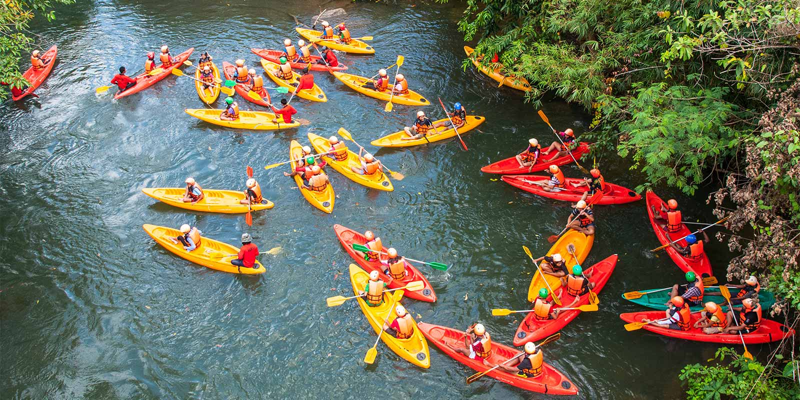 Aerial view of adventure group in kayaks