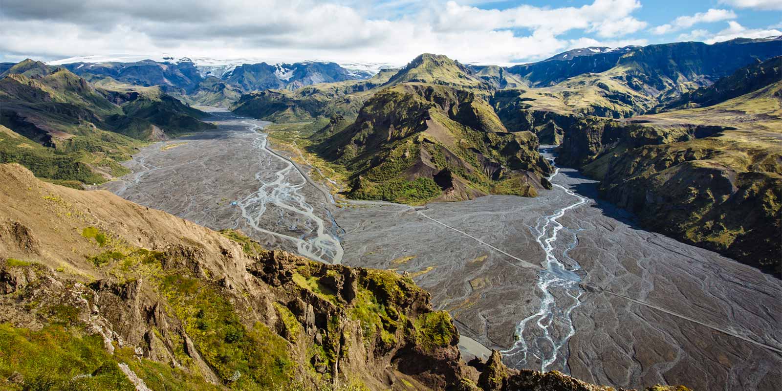 View over glacial valleys in Thorsmork, Iceland