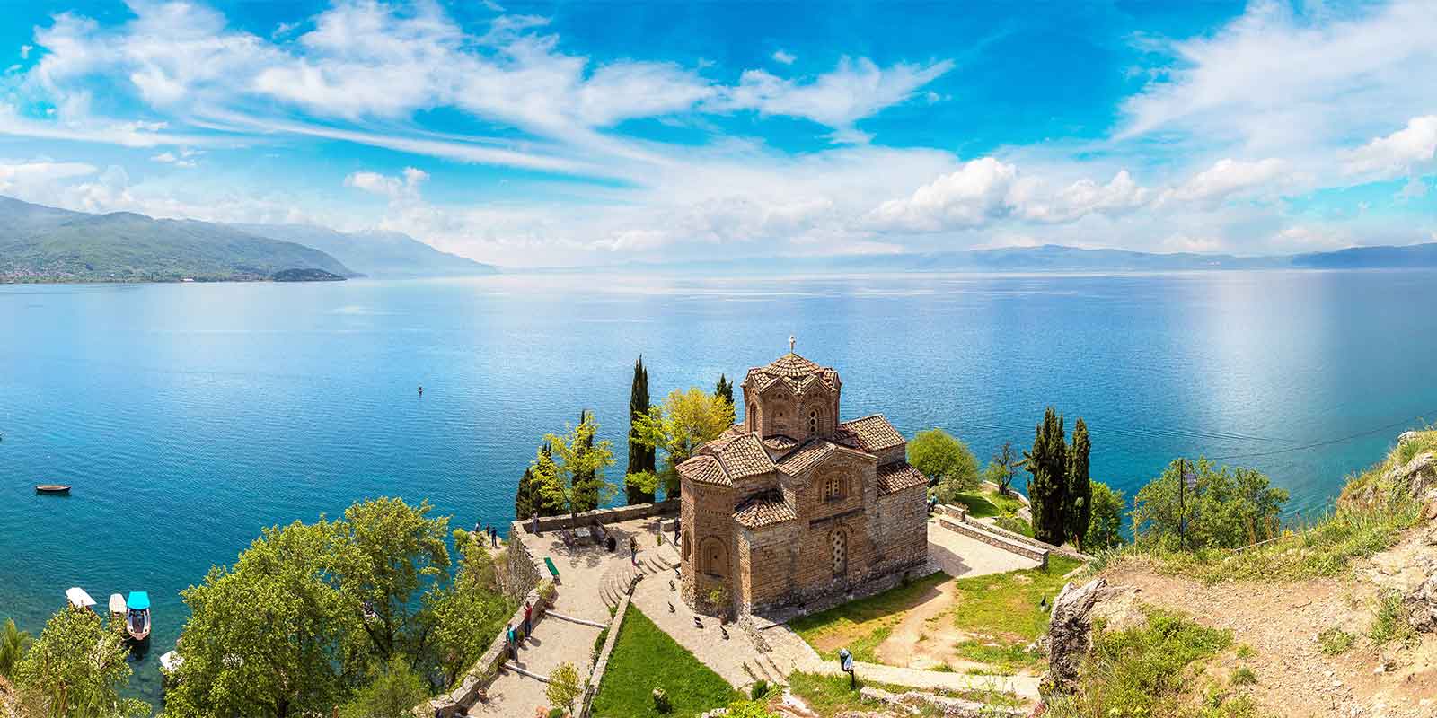 Jovan Kaneo church on promontory overlooking lake in Ohrid Macedonia