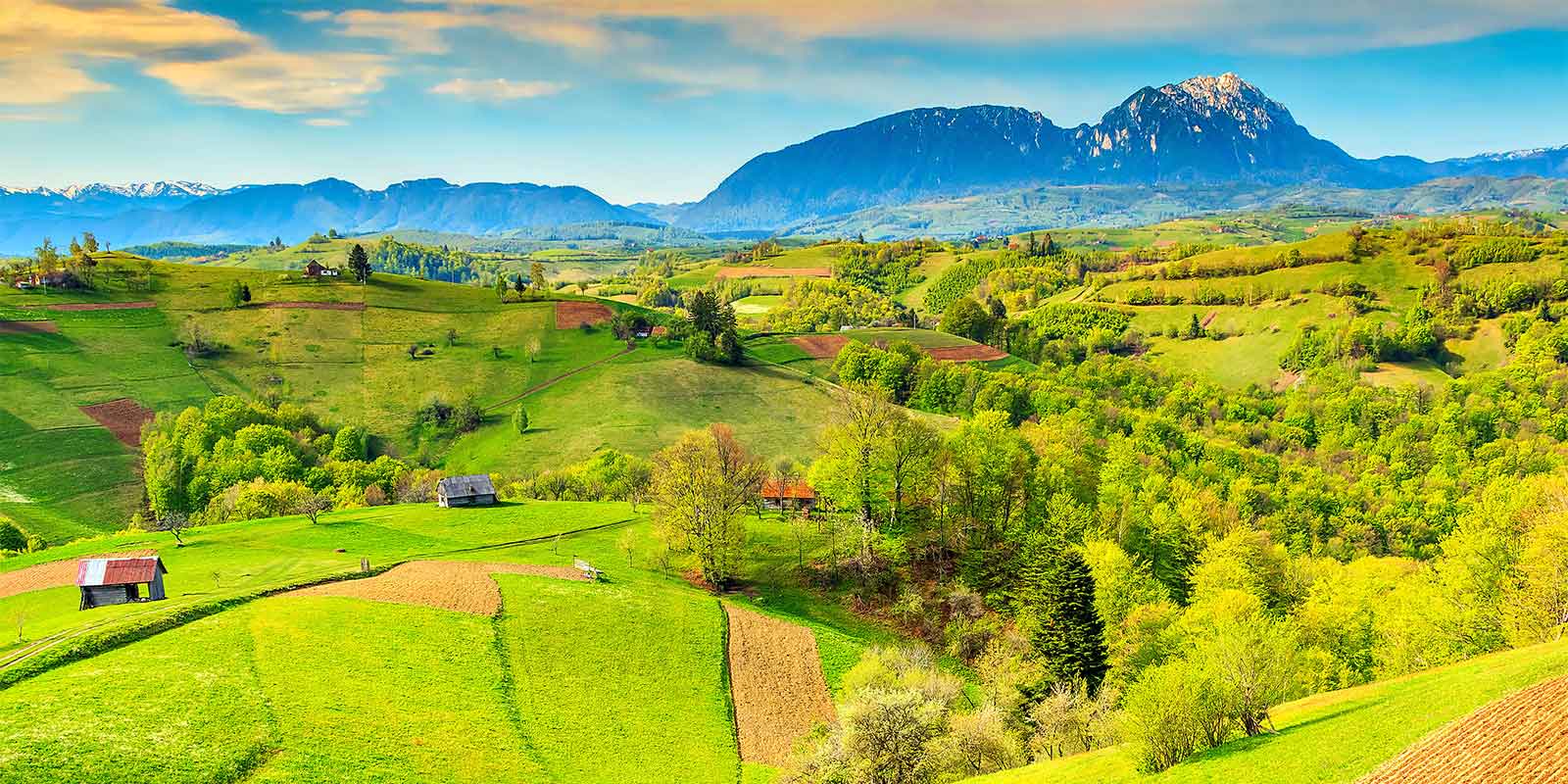 Transylvanian landscape and green fields of the Carpathian mountains