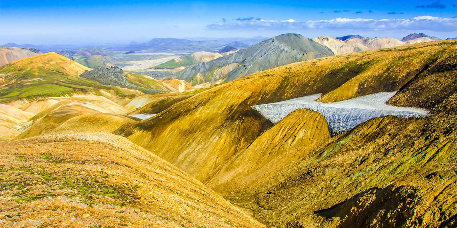 Volcanic mountains covered in vegetation and glacier in Iceland