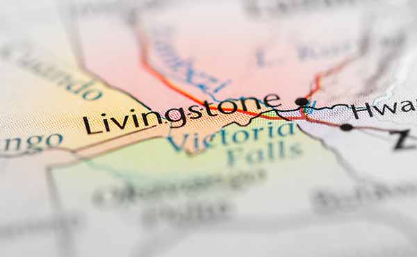 Map highlighting Livingstone and Victoria Falls