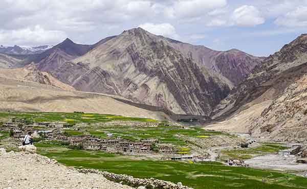 Picturesque Tibetan village in mountainous valley in Ladakh