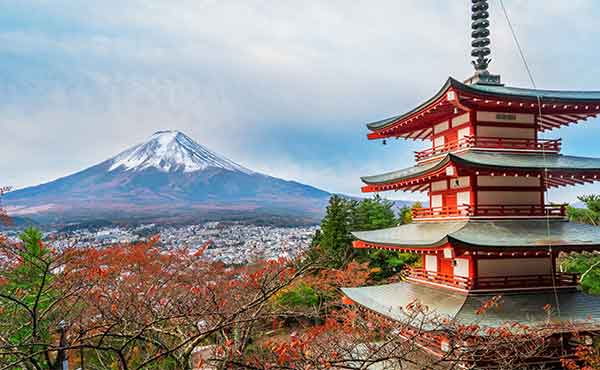View of Mount Fuji with Chureito Pagoda in foreground