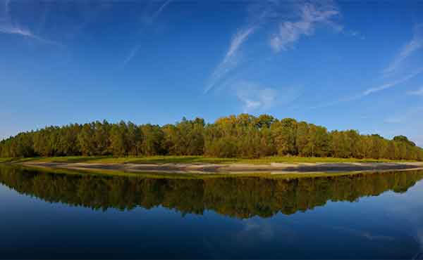 Tranquil island and its reflection in the river in the Danube Delta